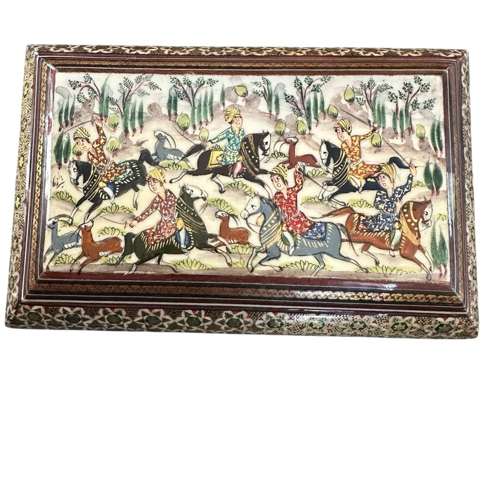 VTG Persian Khatam Marquetry Wood Inlaid Painted Trinket/Jewelry Box 6"W x 3" H